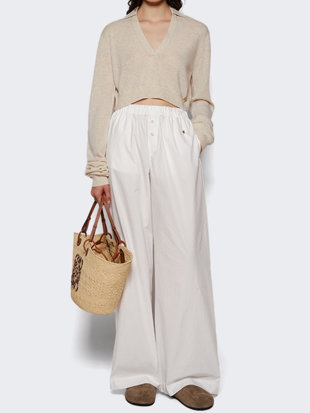 Eterne Stevie Cashmere Knit Cropped Collared V-Neck Sweater Top M L